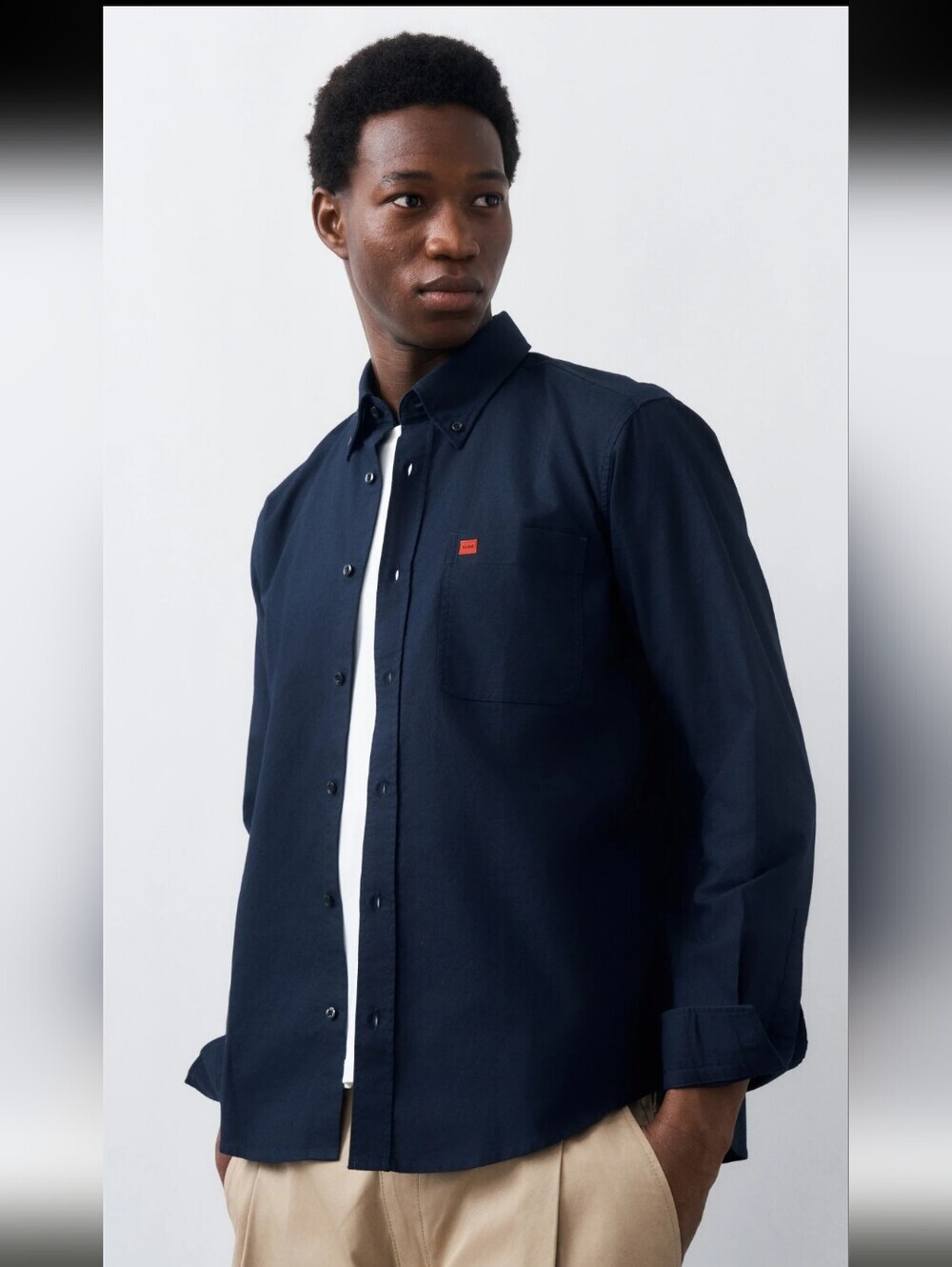 HUGO BOSS Casual Slim Fit Long Sleeve Men Shirt Size XL Navy Blue With Red Logo